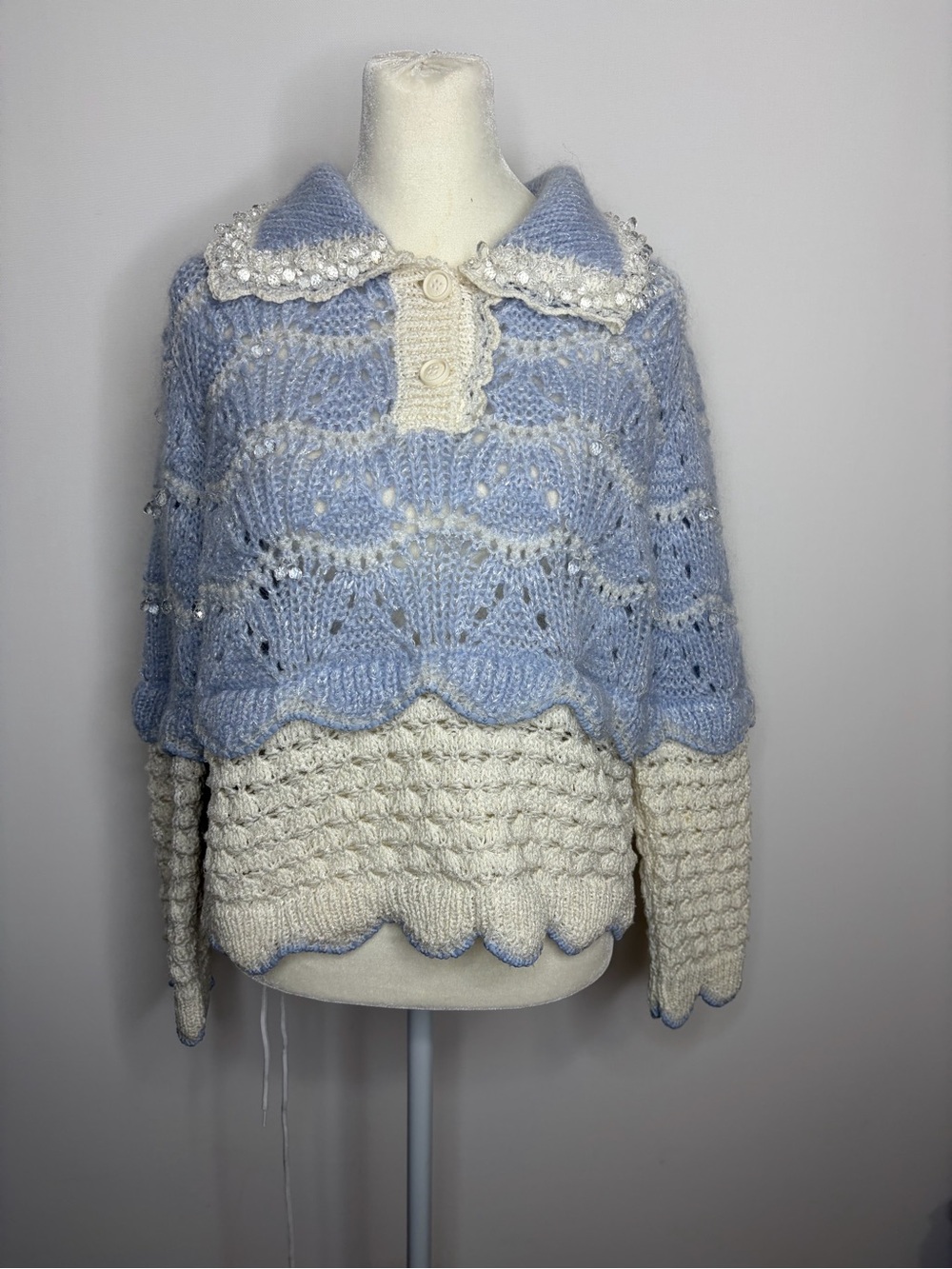 Blue and Cream Layered Cable Knit Sweater